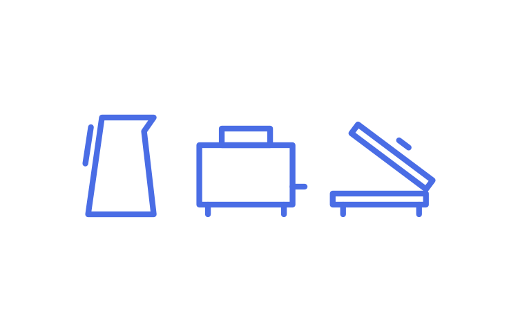 An illustration of a water cooker, a toaster and a panini press.